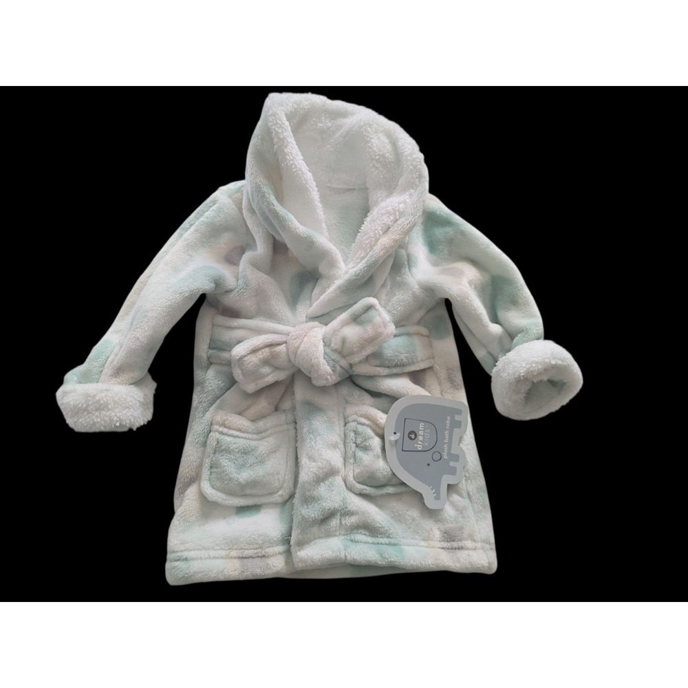 Dream Kids Plush 0-6M baby boy Bath Robe Mint Green White  Hooded Fleece